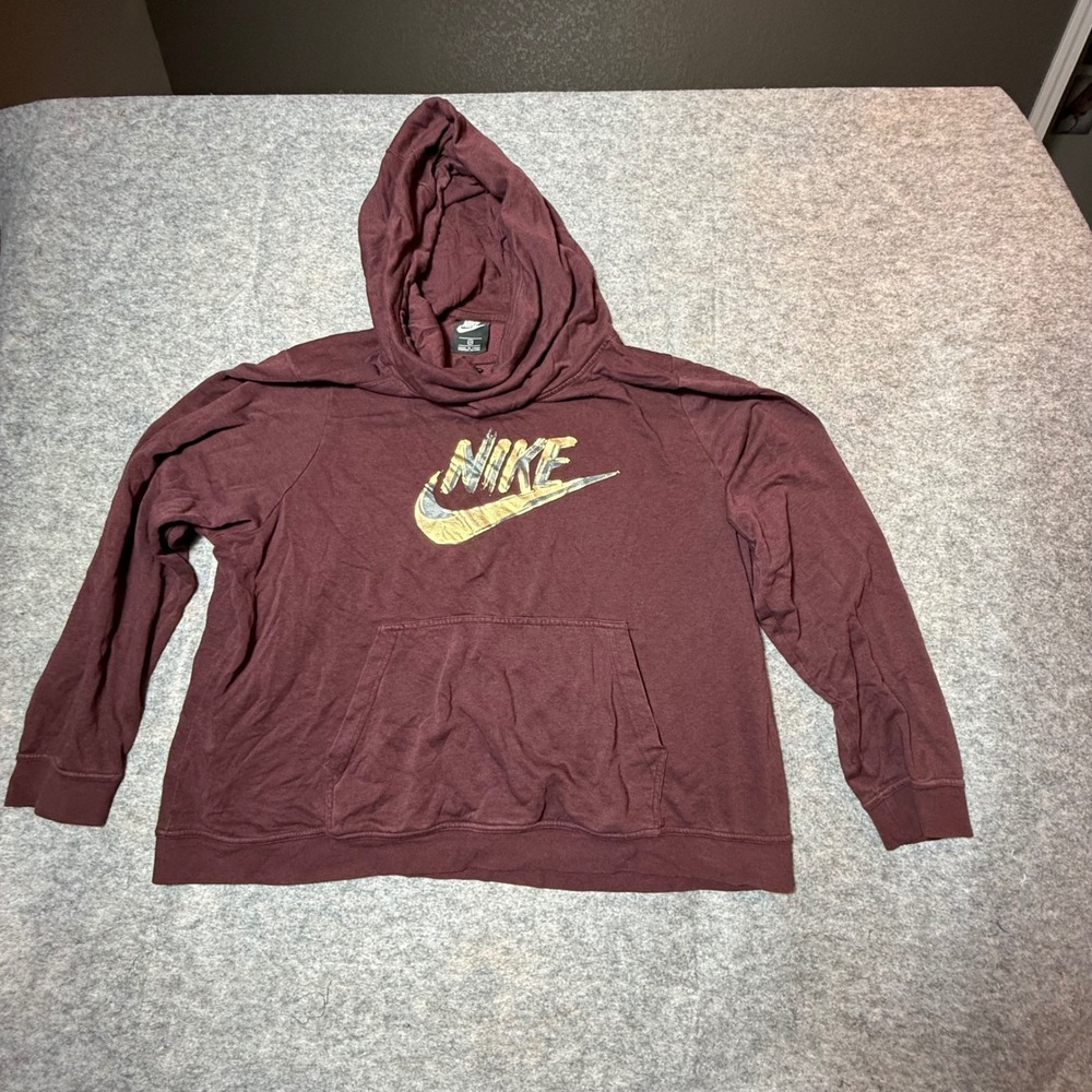 Nike Sportswear Funnel Neck Hoodie Womens 2X Burgundy Gold Foil Logo CI1777-652